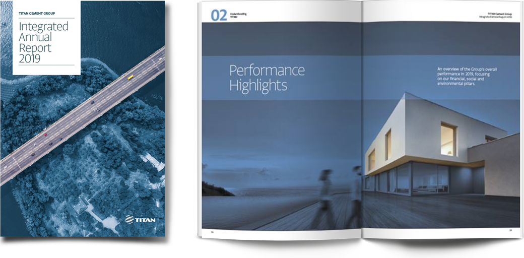 Display of the cover page and inside section pages of TITAN Cement International Integrated Annual Report 2019